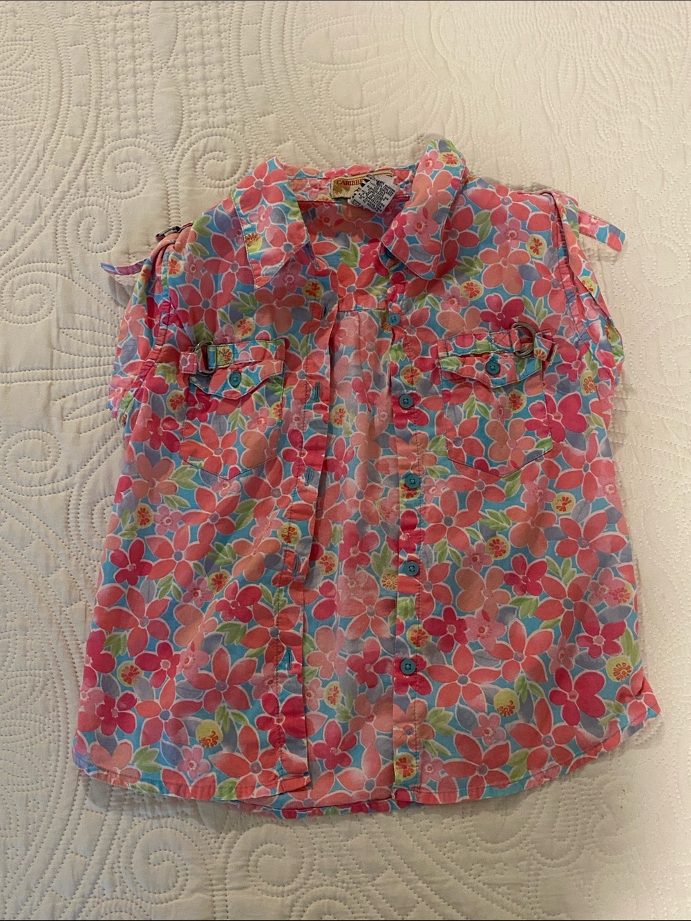 Caribbean Joe Girls Floral Button-Up Shirt - Pink, Blue, Green
